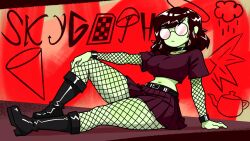 2d_(artwork) big_breasts brown_hair emotionless emotionless_female female female_only glasses goth goth_girl human interloper_(series) mynokis5 pussy skyghost_(interloper) solo solo_female tagme