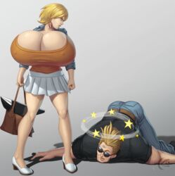 angry anvil belt black_shirt blonde_hair breasts bursting_breasts cartoon_network cleavage denim_jacket earrings female huge_breasts hyper_breasts jacket jeans johnny_bravo johnny_bravo_(series) male mangrowing passed_out pleated_skirt purse skirt white_skirt