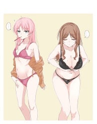 ... 2girls ass_visible_through_thighs bang_dream! bang_dream!_it's_mygo!!!!! belly black_bra black_panties bow_bra bow_panties bra breasts brown_hair chihaya_anon clevage closed_eyes closed_mouth collarbone ear eyebrows_visible_through_hair female female_focus female_only front-hook_bra grey_eyes groin hand_behind_back hand_on_thigh high_resolution jacket knees_together_feet_apart lace-trimmed_bra lace-trimmed_panties lace_bra lace_panties large_breasts long_hair long_sidelocks looking_aside messy_hair nagasaki_soyo navel orange_jacket panties parted_bangs partially_clothed pink_bra pink_hair pink_panties pink_underwear porinki portrait putting_on_bra sidelocks simple_background small_breasts speech_bubble standing swept_bangs thick_thighs thighs third-party_edit toothbrush toothbrush_in_mouth underwear underwear_only white_background yellow_background