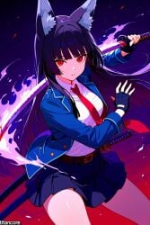 (titancore) ai_generated animal_ears beautiful black_hair blood female fox_ears fox_girl fox_humanoid girl hime_cut holding_weapon hoshimi_miyabi katana kitsune long_ears long_hair monster_girl red_eyes thiren video_game_character zenless_zone_zero