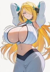 1girls ai_generated arms_behind_head big_breasts bleach blonde_hair circle_ueponzu cleavage cynthia_(pokemon) huge_breasts inoue_orihime_(cosplay) looking_at_viewer pokemon