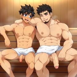 2boys ai_generated ai_slop bara bara_tiddies bara_tits barazoku cock dick himbotiger male/male muscle muscles muscular muscular_male pecs penis size_difference yaoi