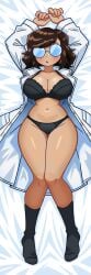 2d_(artwork) big_breasts bodypillow brown_hair emotionless emotionless_female female female_only glasses human interloper_(series) lingerie mynokis5 pussy skyghost_(interloper) solo solo_female underwear white_coat