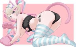 1girl animal_ear_fluff animal_ears animal_hands aqua_eyes aqua_hair ass black_bra black_panties blonde_hair blush border bow bra breasts cat_cutout cat_ears cat_lingerie cat_paws cat_tail chouzetsusaikawa_tenshi-chan cleavage cleavage_cutout clothing_cutout commentary_request female female_only from_side full_body hair_bow highres inami_(x_spidekawaii_x) long_hair looking_at_viewer medium_breasts multicolored_hair needy_girl_overdose open_mouth outside_border panties paw_pose pink_hair solo striped_clothes striped_thighhighs tail thighhighs underwear white_border