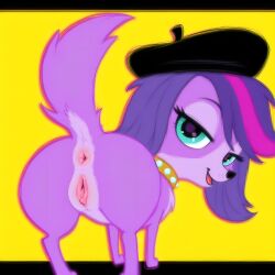1feral 1girl ai_generated animal_genitalia animal_pussy beret canine_genitalia canine_pussy collar feral littlest_pet_shop littlest_pet_shop_(2012) looking_back looking_back_at_viewer solo zoe_trent