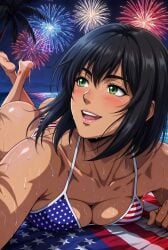 1girls 4th_of_july ai_generated america american american_female american_flag_bikini bangs beach bikini black_hair breasts_pressed_against_floor celebrating celebration female female_focus fireworks fourth_of_july green_eyes hair_over_one_eye hi_res high_quality high_resolution hires lying_down lying_on_ground lying_on_stomach ocean one_eye_covered original original_character tagme towel united_states united_states_of_america very_high_resolution water wet wet_body