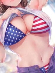1girls ai_generated american american_female american_flag_bikini attractive attractive_female bikini blush breasts brown_hair face_out_of_frame female female_focus hourglass_figure hourglass_figured_female lifting_shirt looking_at_viewer narrow_waist oc original_character pants ring shirt shirt_lift showing showing_off tagme taking_clothes_off taking_off_pants taking_off_shirt waifu wide_hips