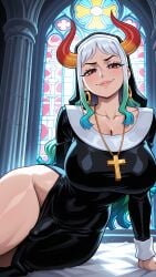 1girl 2026 2d absurd_res absurd_resolution absurdres ai_generated alternate_costume arm_support black_dress breasts bulge church cleavage closed_mouth coif collarbone covered_navel cross cross_necklace dress earrings erection erection_under_clothes futanari green_hair habit hi_res high_quality high_resolution highres horns image indoors jewelry large_breasts lips long_hair long_sleeves looking_at_viewer mayrainart multicolored_hair multicolored_horns necklace nun one_piece patreon red_eyes red_horns smile solo stained_glass thighs uncensured white_hair yamato_(one_piece)