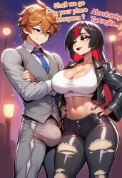 ai_generated big_boobs big_breasts black_hair black_lips blue_eyes boobs breasts bulge bulge_through_clothing bulge_under_clothes cocky69 comic_page crop_top english_text female fit fit_body fit_male genshin_impact hi_res jacket male male/female morgana_(tyrisai) orange_hair pants red_eyes sexy sexy_body sexy_female shirt tartaglia_(genshin_impact) text