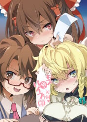 1boy 3girls alternate_costume alternate_eye_color between_fingers blank_censor blonde_hair blush bow breasts brown_hair censored closed_mouth commentary_request content_rating cover cover_page doujin_cover embarrassed erection frilled_bow frilled_hair_tubes frills green_bow green_eyes hair_bow hair_tubes hakurei_reimu handjob hetero holding holding_ofuda kirisame_marisa large_breasts long_hair missing_headwear multiple_girls necktie ofuda ofuda_between_fingers open_mouth penis pink_necktie red-framed_eyewear red_bow red_eyes semi-rimless_eyewear shirt smile sweat tororo_(toriaezu) touhou translation_request under-rim_eyewear usami_sumireko white_shirt