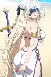 1girl ai_generated armlet ass backless_dress backless_outfit bare_shoulders beach black_blindfold blindfold blonde_hair blush braid breasts covered_eyes digitalwaifugallery dress from_behind goblin_slayer hi_res high_quality high_resolution long_hair medium_breasts open_mouth outdoors patreon sand seductive sexy solo sword sword_maiden_(goblin_slayer) uncensored very_long_hair watermark weapon white_dress