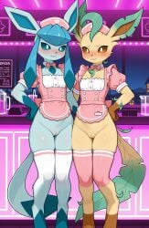 2026 2girls ai_generated annoyed annoyed_expression anthro apron bar_(place) blue_eyes blue_fur blushing bottomless bottomless_female brown_eyes brown_fur digitigrade duo eeveelution embarrassed female female_only flat_chest generation_4_pokemon glaceon hand_on_hip hi_res indoors innie_pussy leafeon night nintendo pokemon pokemon_(species) pose posing pussy siblings sisters thighhighs waitress waitress_uniform zonoya_(artist)