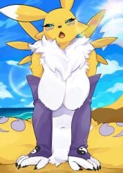 1girls 4_fingers anthro armwear bandai_namco belial43157741 big_breasts black_sclera blue_eyes digimon digimon_(species) eyelashes female female_only fur furry hi_res legs_apart looking_at_viewer narrowed_eyes neck_fur open_mouth renamon sharp_fingernails sitting solo thick_thighs white_fur yellow_fur yin_yang