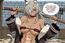 1girl ai_assisted ai_generated cat_tail english_text eyepatch fatest_squirrel fingernails ghislaine_dedoldia grin large_breasts looking_at_viewer mushoku_tensei open_mouth red_eyes scar_on_cheek standing sword_over_shoulder wooden_sword