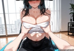 1boy 1girl ai_assisted ai_generated animal_ears bangs bare_shoulders black_hair blush breast_grab breasts cleavage closed_mouth collarbone curvaceous curvy curvy_female curvy_figure eyebrows_visible_through_hair female grabbing hetero hoshimi_miyabi indoors large_breasts long_hair looking_at_viewer miyuai navel pantyhose pov red_eyes sarashi skirt solo_focus sweat thick thick_ass thick_butt thick_hips thick_legs thick_thighs trembling voluptuous voluptuous_female wide_hips wide_thighs zenless_zone_zero