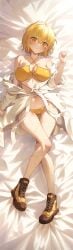 1girl absurdres bikini blonde_hair blush boots breasts brown_boots cleavage commentary don_quixote_(limbus_company) highres limbus_company looking_at_viewer navel oranberry_1018 project_moon robe short_hair solo swimsuit white_robe yellow_bikini