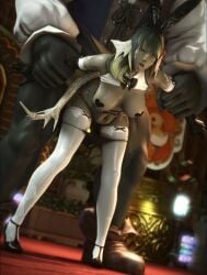 1boy 1girls arm_grab au_ra breasts_out bunny_ears final_fantasy final_fantasy_xiv greenbean_nsfw larger_male pasties roegadyn scales sex sex_from_behind shino_senkatsu size_difference smaller_female standing_doggy_style standing_sex tail thighhighs tongue_out two-tone_hair vaginal_penetration