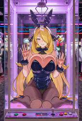 ai_generated big_breasts bunny_ears bunnysuit circle_ueponzu claw_machine cynthia_(pokemon) huge_breasts leotard looking_at_viewer