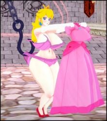 1girls amanwithnoplan bra busty female female_only heels hook mario_(series) nintendo panties princess_peach solo spongebob_reference taking_off_dress
