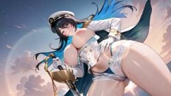 2d 2d_animation aeons_echo big_breasts black_hair blue_eyes blue_hair breasts captain_hat clothed female game_cg gloves japanese_voice_acting navy_uniform nipples nutaku panties rukbat_(aeons_echo) sound sword tagme thick_thighs thighs video voice_acted