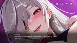 1boy 1girls 2d 2d_(artwork) 2d_animation 2d_artwork aeons_echo big_breasts breasts clamps dialogue earrings eyepatch female game_cg gloves gray_hair huge_boobs huge_breasts japanese_voice_acting night_club nipples nutaku red_eyes tagme uruanna_(aeons_echo) video voice_acted