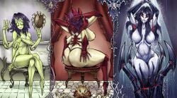 3girls 4_arms 4_eyes arachnid arachnid_humanoid archivatumm ass bath bathroom boobs breasts character_request commission detailed_background exoskeleton fangs fat_ass green_body green_eyes green_skin grey_body insect insect_girl insects joints no_nipples nude nude_female oc purple_hair red_body red_eyes sideboob sitting sitting_on_chair thighs two-tone_body wet wet_body wet_skin