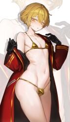 1boy alfnfmd bikini blonde_hair blush commentary gold_bikini short_hair sinclair_(project_moon) solo swimsuit trap untranslatable_commentary