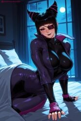 1girl ai_generated bangs black_hair bodysuit breasts drill_hair eyepatch fingerless_gloves full_moon gloves han_juri hi_res high_quality high_resolution indoors juri_han kiraamane large_breasts latex looking_at_viewer moon on_bed patreon purple_bodysuit purple_eyes seductive sexy skin_tight smile solo street_fighter twin_drills uncensored watermark window