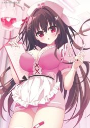 1girl :o apron bandaid bandaid_on_leg black_hair blush breasts cameltoe ceiling clipboard curtains dress hair_between_eyes hair_ornament hairclip hat highres holding holding_clipboard holding_thermometer indoors infirmary intravenous_drip large_breasts long_hair maid_apron matsumiya_kiseri nurse nurse_cap open_mouth original panties pink_dress red_eyes sidelocks solo standing thermometer thighhighs underwear very_long_hair white_apron white_panties white_thighhighs x_hair_ornament