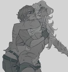 2girls anal biting_lip black_and_white blush blushing deadlock gloves gunplay holliday_(deadlock) jerking_off pistol pubic_hair reach_around revolver scar scars semi_nude sheriff shirt_lift silver_(deadlock) spicy_raeman strap-on trans_woman transfem valve werewolf yuri
