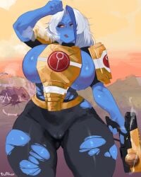 ass ass_visible_through_thighs blue_skin cameltoe duffmox female female_only huge_breasts long_hair oc tau thick_thighs torn_clothes warhammer_(franchise) warhammer_40k white_hair