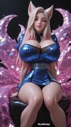 ahri ahri_(league_of_legends) ai_generated cleavage dress k/da_ahri k/da_all_out_ahri k/da_all_out_series k/da_series large_breasts league_of_legends long_hair riot_games seductive sitting sky4maleja tight_clothing