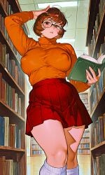 ai_generated erect_nipples_under_clothes huge_breasts looking_at_viewer miniskirt no_bra scooby-doo thighs velma_dinkley