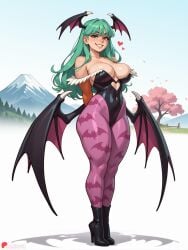 1girl ai_generated animal_print arms_behind_back bangs bare_shoulders bat_print bat_wings black_footwear black_leotard boobs boots breasts bridal_gauntlets cleavage clothing_cutout covered_navel cute demon_girl full_body green_eyes green_hair grin head_wings heart heart_cutout high_heel_boots high_heels huge_ass huge_breasts juswa large_ass large_breasts leotard long_hair looking_at_viewer low_wings morrigan_aensland mountain pantyhose print_legwear purple_pantyhose smile solo standing thicc thick_thighs thighs wings