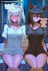 2girl 2girls ai_generated angry angry_expression angry_face animal_ears b34sty_0 bed bedroom black_hair black_shirt black_t-shirt blue_eyes blush boobs braid breasts ears embarassed eyes full-face_blush girl hair hololive hololive_japan indoors kemonomimi kurokami_fubuki long_hair looking_at_side looking_away looking_away_from_viewer night patreon red_eyes shirakami_fubuki shirt shy side_braid side_by_side sister_(lore) sisters sitting sitting_on_bed small_boobs small_breasts small_tits t-shirt tits watermark white_bed white_hair white_shirt white_t-shirt wolf_ears wolf_girl woman