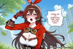 1girl ai_assisted ai_generated amber_(genshin_impact) brown_eyes cleavage drunk english_text fatest_squirrel genshin_impact gloves long_sleeves medium_breasts open_mouth v-shaped_eyebrows