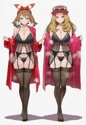 2girls ai_generated black_bra black_legwear black_panties blue_eyes blush bow_hairband bra breasts brown_hair circle_ueponzu cleavage coat full_body garter_belt jewelry large_breasts lingerie long_hair looking_at_viewer may_(pokemon) multiple_girls navel panties pokemon red_hairband red_ribbon ribbon serena_(pokemon) smile standing thighhighs underwear