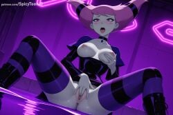 1girl ai_generated alternate_legwear anus black_footwear blush breasts breasts_outside choker dc dc_comics heart hi_res high_quality high_resolution jewelry jinx_(dc) masturbation medium_breasts nipples no_panties open_mouth patreon pink_hair purple_hair pussy pussy_juice saliva saliva_trail seductive self_fondle sexy sitting solo spicytoonai spread_legs striped striped_legwear teen_titans thighhighs tongue tongue_out twintails uncensored watermark