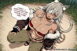 1girl ai_assisted ai_generated cat_tail dirty_clothes dirty_face english_text exhausted eyepatch fatest_squirrel fingernails ghislaine_dedoldia hand_on_own_knee heavy_breathing large_breasts looking_at_viewer mushoku_tensei on_floor on_one_knee open_mouth red_eyes sad scar_on_cheek sweat