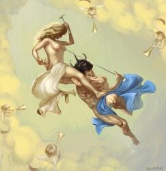 artistic_nudity beautiful black_hair black_hair_male blonde_hair blonde_hair_female breasts breasts_out censored_genitalia cherub cloth clouds fighting flying hammer king_of_mercury_(psychopomp) muscular muscular_male nail nipples painting_(artwork) psychopomp_(fading_club) queen_of_venus_(psychopomp) trumpet