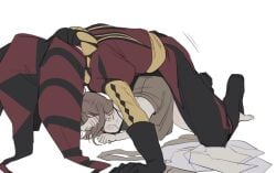 accidentally_stuck embarassed_female female_on_bottom gray_hair height_difference male_on_top monster_boy monster_on_female pale-skinned_female pale-skinned_male pale_skin pierrot_(the_freak_circus) pinned_down pinned_to_floor pinned_to_ground pressed_against pressed_against_butt pressed_against_floor pressed_against_penis red_clothing self_insert self_upload the_freak_circus