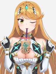 bangs bare_shoulders blonde_hair blush breasts bubble_tea bubble_tea_challenge circlet cleavage cleavage_cutout collarbone cup disposable_cup dress drinking_straw earrings elbow_gloves eyebrows_visible_through_hair female gem gloves grey_background jewelry large_breasts long_hair looking_at_viewer mythra_(xenoblade) nintendo one_eye_closed parted_lips shoulder_armor simple_background sleeveless sleeveless_dress smile solo sssemiii swept_bangs upper_body v-shaped_eyebrows white_dress white_gloves xenoblade_(series) xenoblade_chronicles_2 yellow_eyes