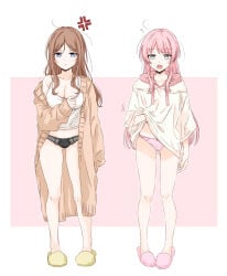 2girls angry angry_expression angry_vein ass_visible_through_thighs bang_dream! bang_dream!_it's_mygo!!!!! black_panties blue_eyes bow_panties breasts brown_hair chihaya_anon clevage closed_mouth collarbone crotch_seam eyebrows_visible_through_hair female female_focus female_only full_body grey_eyes high_resolution hoodie jacket jacket_lift lace-trimmed_panties lace_panties large_breasts long_sidelocks long_sleeves messy_hair nagasaki_soyo open_mouth panties parted_bangs partially_clothed pink_background pink_hair pink_panties porinki portrait sidelocks simple_background sleepwear slippers small_breasts standing sweater swept_bangs tank_top teeth third-party_edit tongue underwear upper_teeth upper_teeth_only white_background white_jacket white_tank_top yawning yellow_shoes