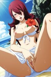 1girl ai_generated anus beach bikini bikini_bottom_aside bikini_pull blue_sky blush breasts breasts_out clothes_pull clothing_aside cloud day digitalwaifugallery dutch_angle female_masturbation fingering flower front-tie_top hair_between_eyes hair_over_one_eye hi_res hibiscus high_quality high_resolution large_breasts long_hair masturbation medium_breasts mitsuru_kirijo navel nipples ocean one_eye_closed open_mouth outdoors patreon pussy pussy_juice red_eyes red_flower red_hair rock sarong seductive sexy sitting sky solo spread_legs sunlight sweat swimsuit tongue uncensored water watermark white_bikini white_sarong