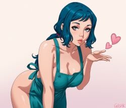 ai_generated apron apron_only big_breasts blowing_kiss blue_hair breasts cleavage curvy curvy_body curvy_female curvy_figure curvy_hips curvy_thighs ecchi erotic gundam gundam_build_fighters iori_rinko low_ponytail milf milf_body mom mother teal_eyes thick thick_ass thick_hips thick_thighs,