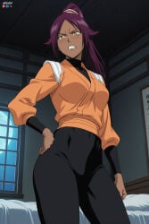 1boy absurdres adult ai_assisted ai_generated angry_expression angry_face big_breasts bleach bleach:_sennen_kessen-hen bleach:_the_thousand-year_blood_war breasts female hand_on_hip heeven highres male mature patreon patreon_username perfect_body shihouin_yoruichi standing uncensored yoruichi_shihouin