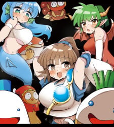 3girls :d arle_nadja armor arms_up black_background blue_hair blush breastplate breasts brown_eyes brown_hair cover cover_page diz draco_centauros dragon dragon_girl dragon_horns elbow_gloves female_focus gloves green_hair highres horns large_breasts letterboxed mermaid mermaid_tail monster_girl multiple_girls open_mouth parody ponytail puyo_puyo puyopuyo reference shirt sideboob simple_background smile suketoudara sweat tag very_sweaty white_gloves white_shirt