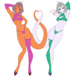 2girls adult_swim alluring ark_line bishoujo_senshi_sailor_moon brown_eyes castor_(sailor_moon) cleavage crop_top green_eyes grey_hair high_heels medium_breasts panties pollux_(sailor_moon) posing thighhigh_socks toei_animation toonami viz_media