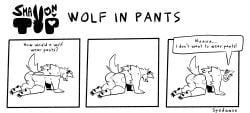 1boy all_fours anthro back_view butt comic dialogue english_text fur furry furry_only gay looking_at_viewer male male_only meme muscular pants partially_clothed sad solo solo_focus spedumon text wolf wulfrick
