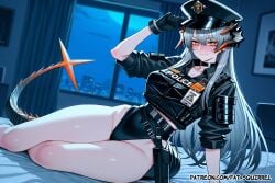 1girl adjusting_headwear ai_assisted ai_generated arknights bangs dragon_horns dragon_tail english_text fatest_squirrel female female_only full-face_blush grey_hair jacket large_breasts leotard on_bed orange_eyes police_hat saria_(the_law)_(arknights) sitting smile
